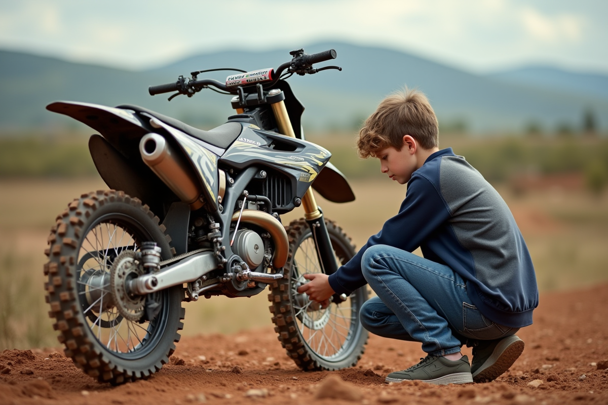 Jeune garçon en motocross ajustant sa moto en plein air