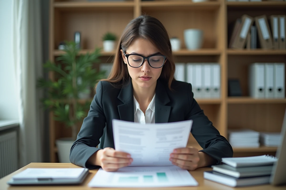 Jeune femme d'affaires examine un document au bureau