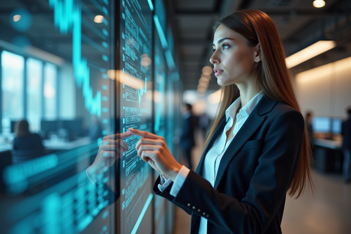 Jeune femme en tenue professionnelle analysant des graphiques numériques