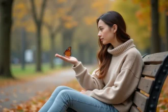 Jeune femme assise sur un banc dans un parc automnal contemplant un papillon