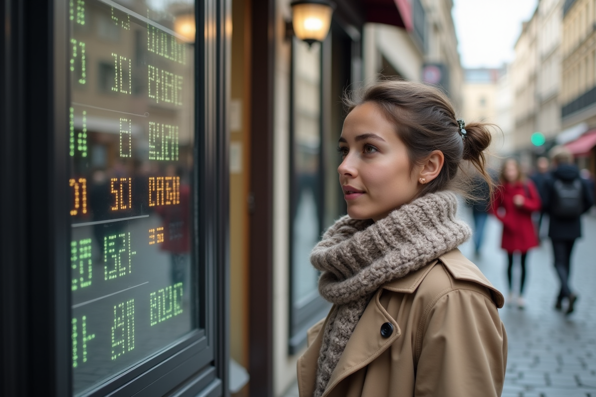 Jeune femme regardant un tableau de change sur une rue européenne