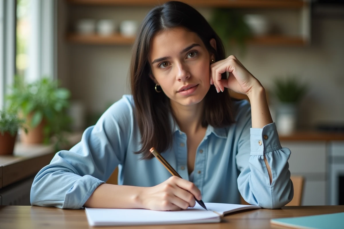 Jeune femme concentrée écrivant dans un notepad à la maison