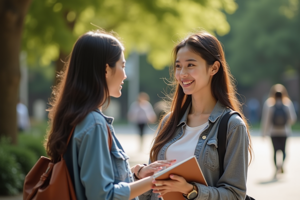 Jeune femme confiante parlant avec une amie près du campus en plein air