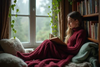 Jeune femme lisant un roman fantasy dans un coin cosy