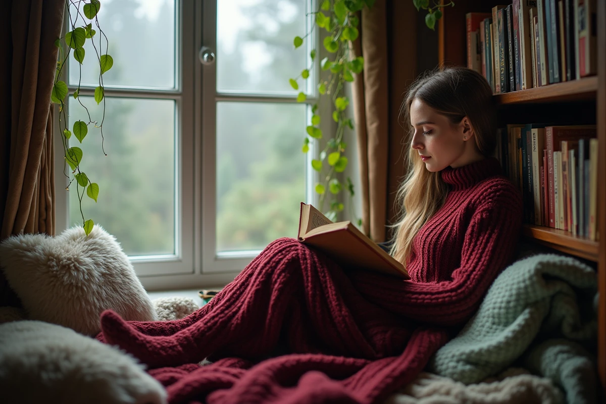 Jeune femme lisant un roman fantasy dans un coin cosy