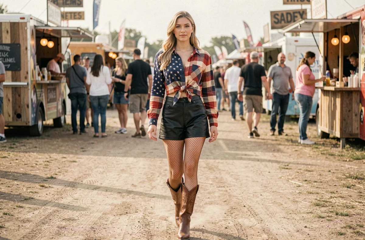 Jeune femme en look biker américain avec chemise à carreaux et boots western au festival Luynes