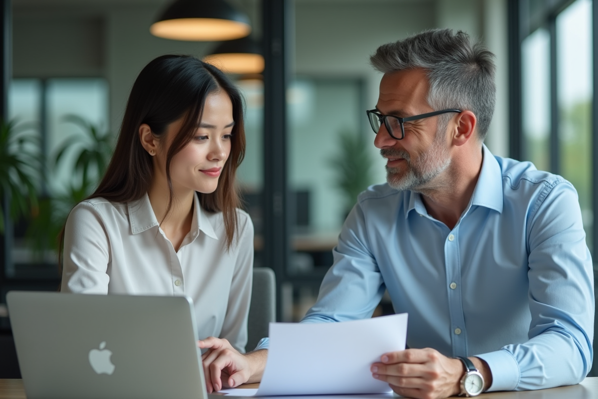Jeune femme en bureau avec mentor en discussion