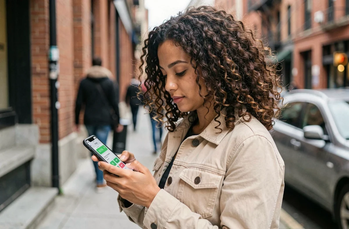 Jeune femme en ville consultant un appel suspect d'un numéro 0424 sur son téléphone