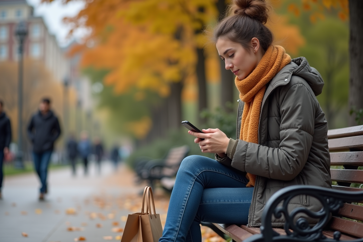 Jeune femme assise sur un banc dans un parc urbain