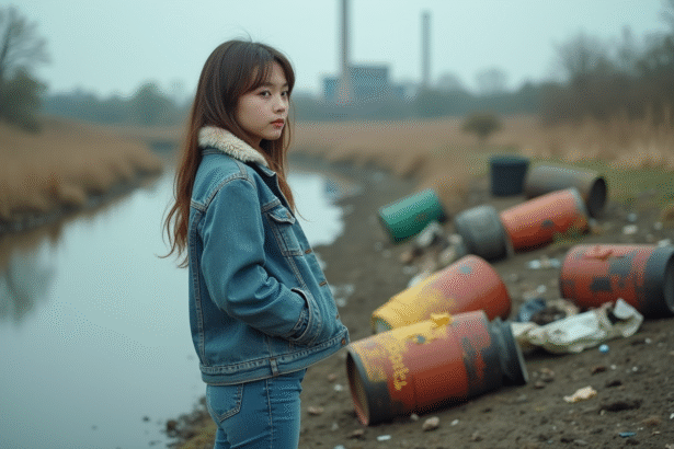 Jeune femme contemplant un fleuve pollue par des déchets textiles