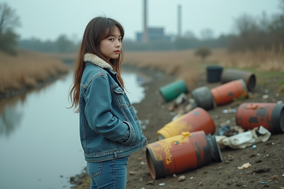 Jeune femme contemplant un fleuve pollue par des déchets textiles