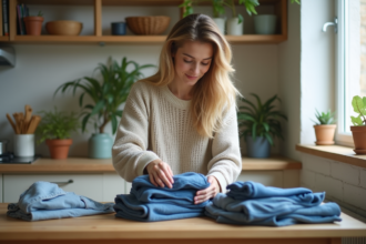 Jeune femme repassant des vêtements en intérieur chaleureux