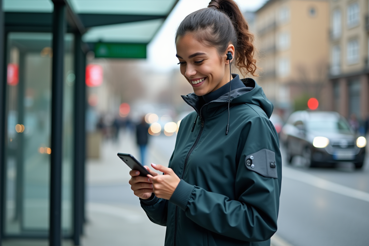 Jeune femme portant une veste connectée à la ville