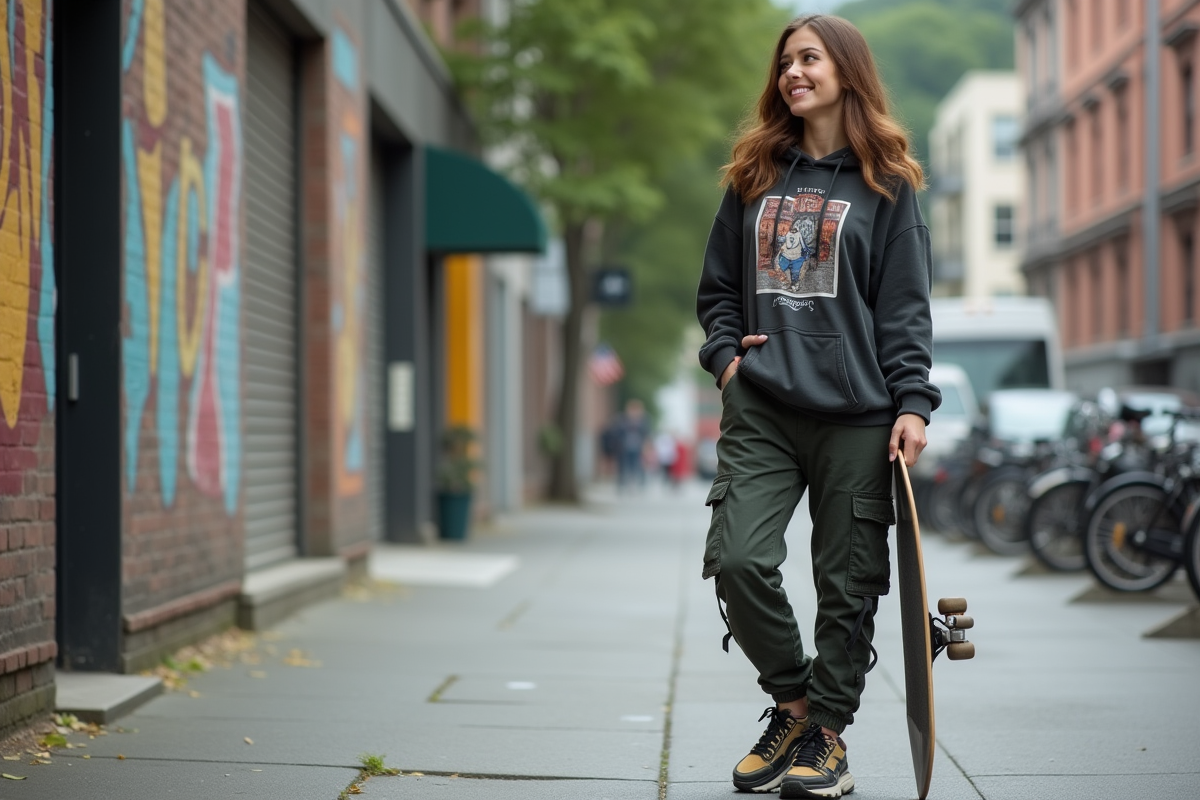 Jeune femme en style street avec skateboard en ville