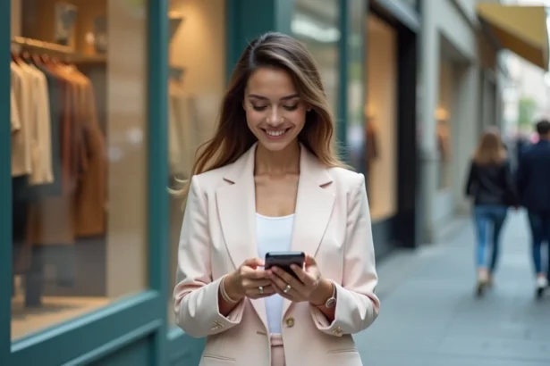 Jeune femme élégante en blazer pastel souriant en ville