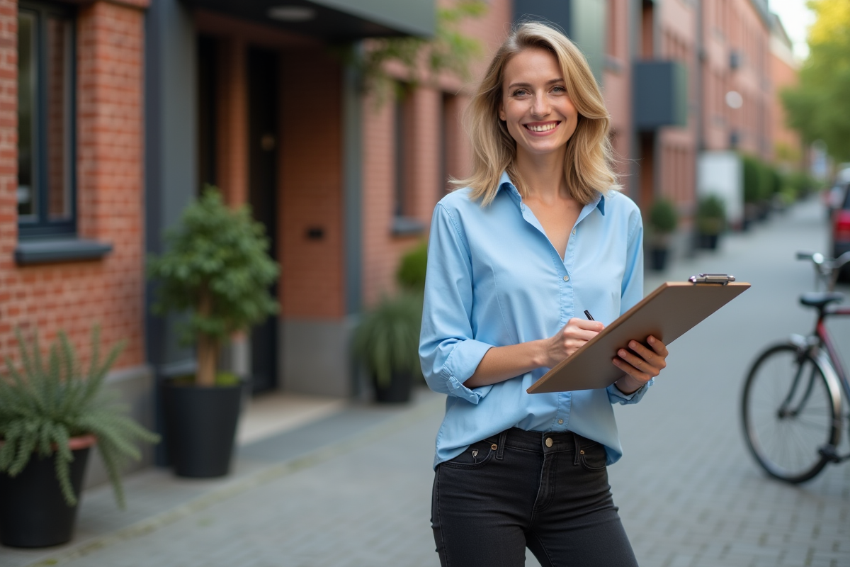 Jeune femme souriante devant un immeuble en ville