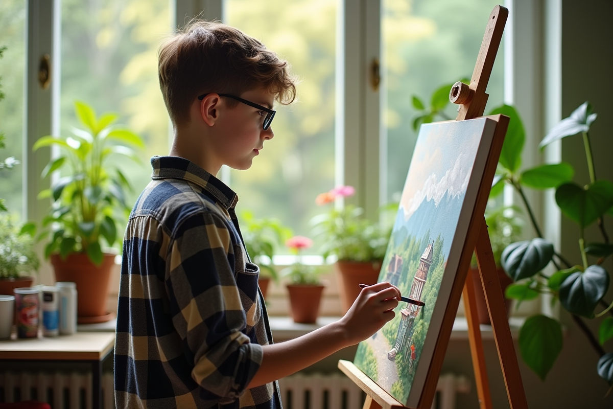 Jeune garçon en flanelle peignant par numéros dans une véranda lumineuse