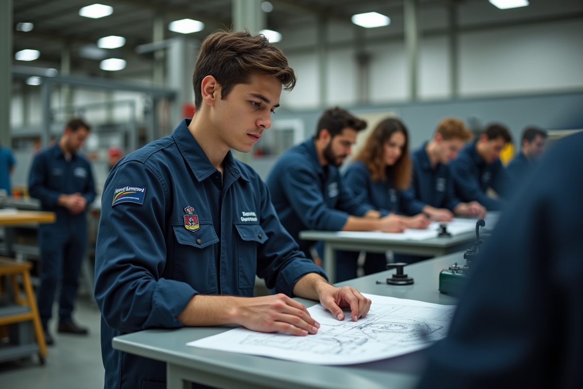 Jeune homme en atelier technique avec collègues