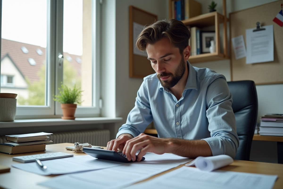 Jeune homme français travaille avec des formulaires fiscaux dans un bureau
