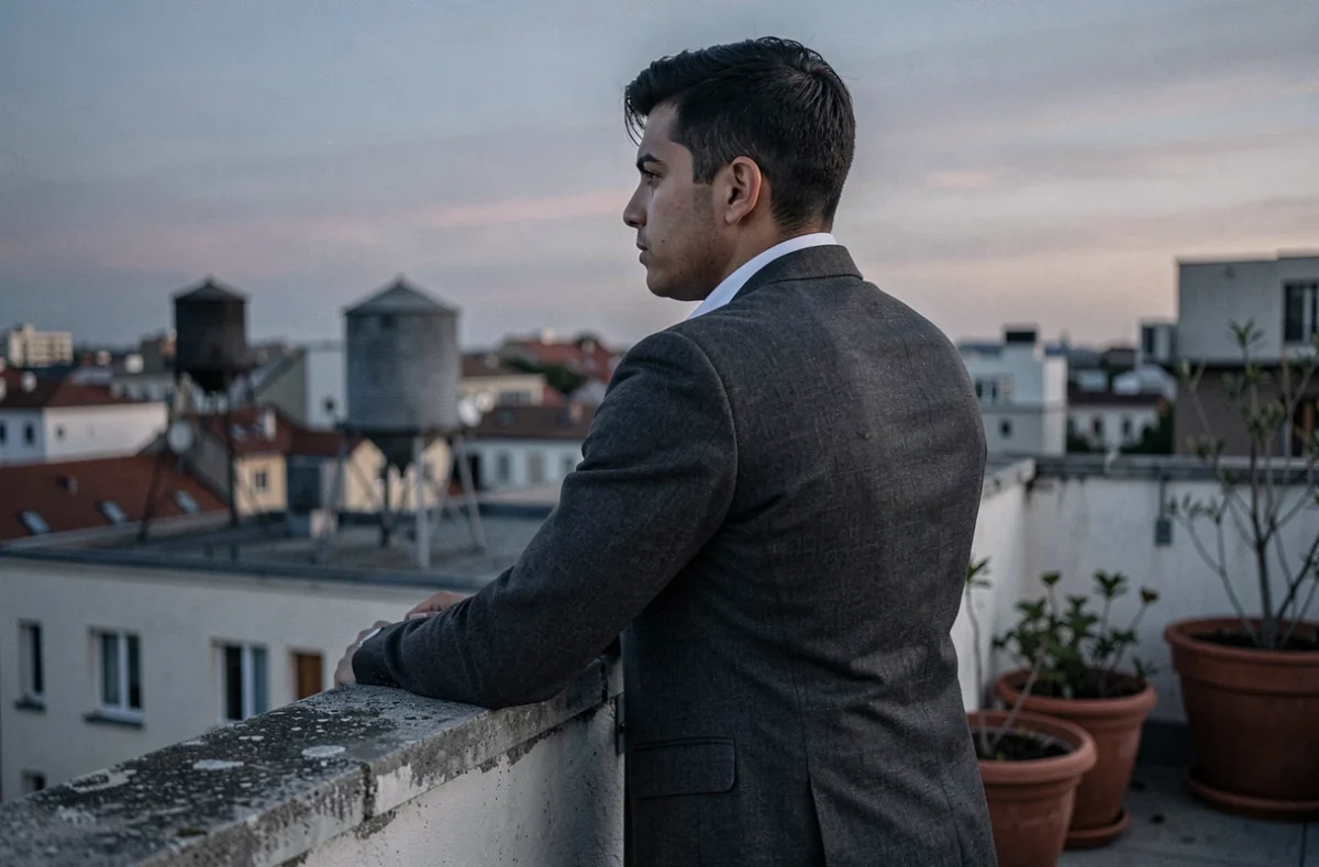 Jeune homme pensif sur un toit urbain contemplant la ville, ambiance drama romantique de webtoon