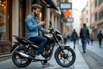 Jeune homme en denim sur une moto Dax 125cc dehors