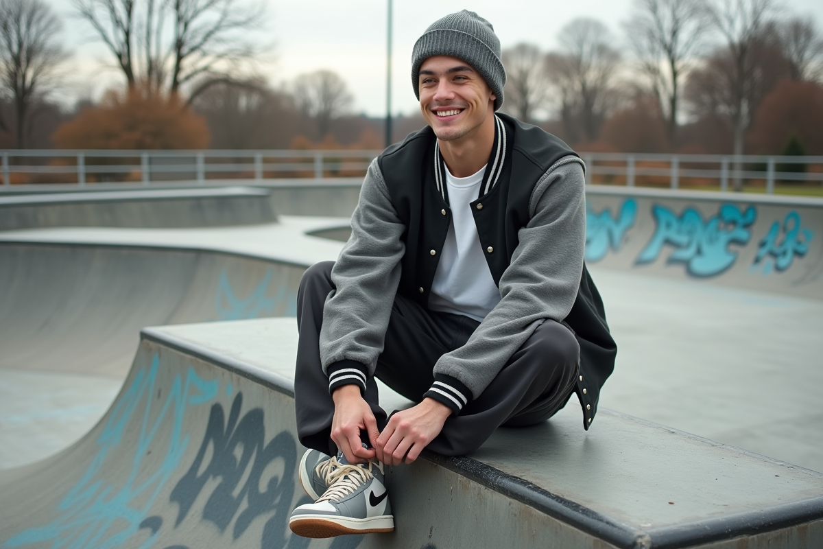 Jeune homme au skatepark en tenue décontractée
