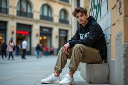 Jeune homme en streetwear dans une ville animée