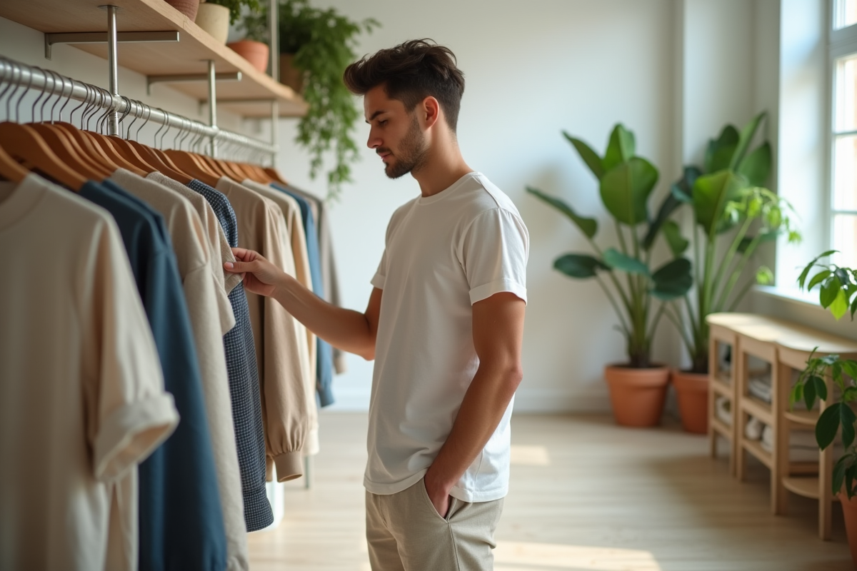 Jeune homme choisissant des vêtements upcyclés dans une boutique moderne