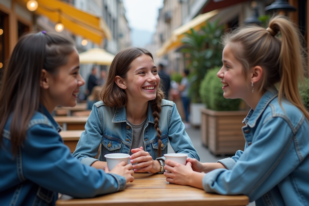 Groupe d adolescents discutant dans un café en ville
