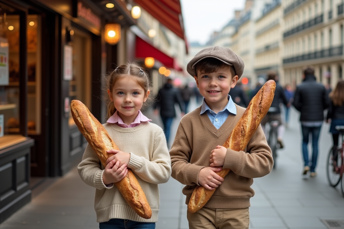 Jeune garçon et fille avec baguettes dans une rue parisienne