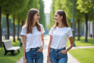 Deux adolescentes souriantes dans un parc urbain en jeans et t-shirts blancs