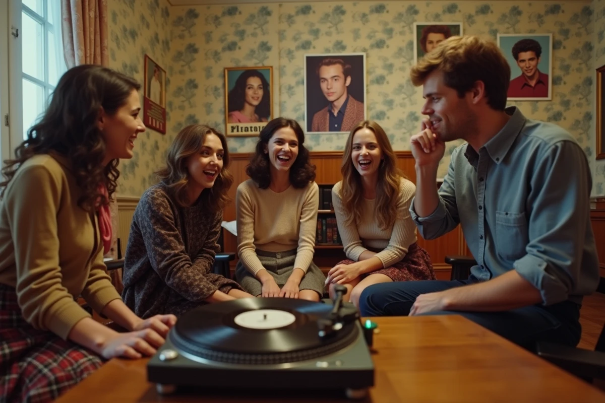 Groupe de jeunes français des années 60 écoutant des disques vinyles autour d'un tourne-disque dans un appartement parisien