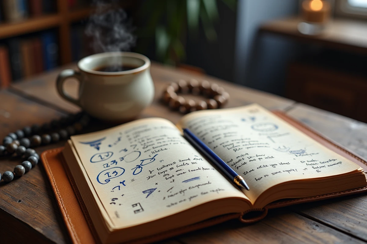 Journal intime ouvert sur un bureau en bois avec la séquence 23h23 entourée et des symboles spirituels manuscrits, accompagné d'un mug fumant et de perles de mala dans une ambiance introspective
