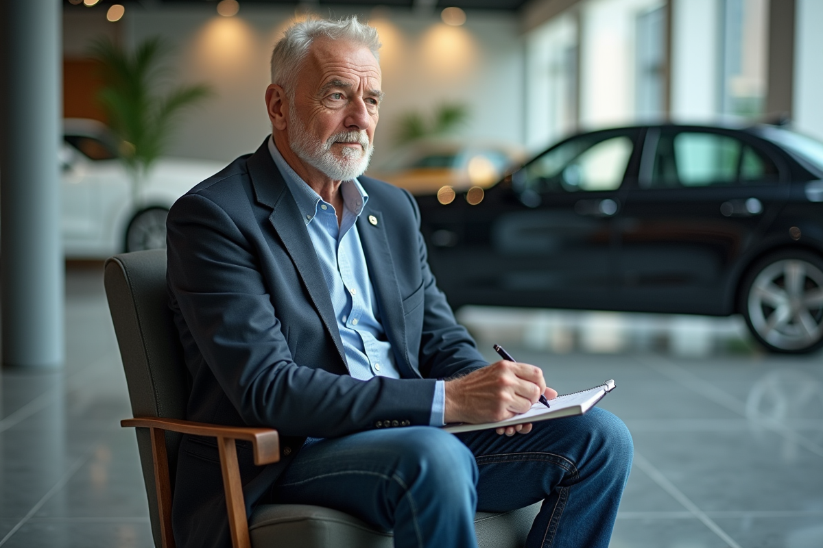 Journaliste automobile prenant des notes dans un showroom élégant