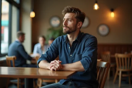 Homme assis seul dans un café parisien avec une expression méfiante, illustrant les rumeurs sur la vie privée de Jules Torres