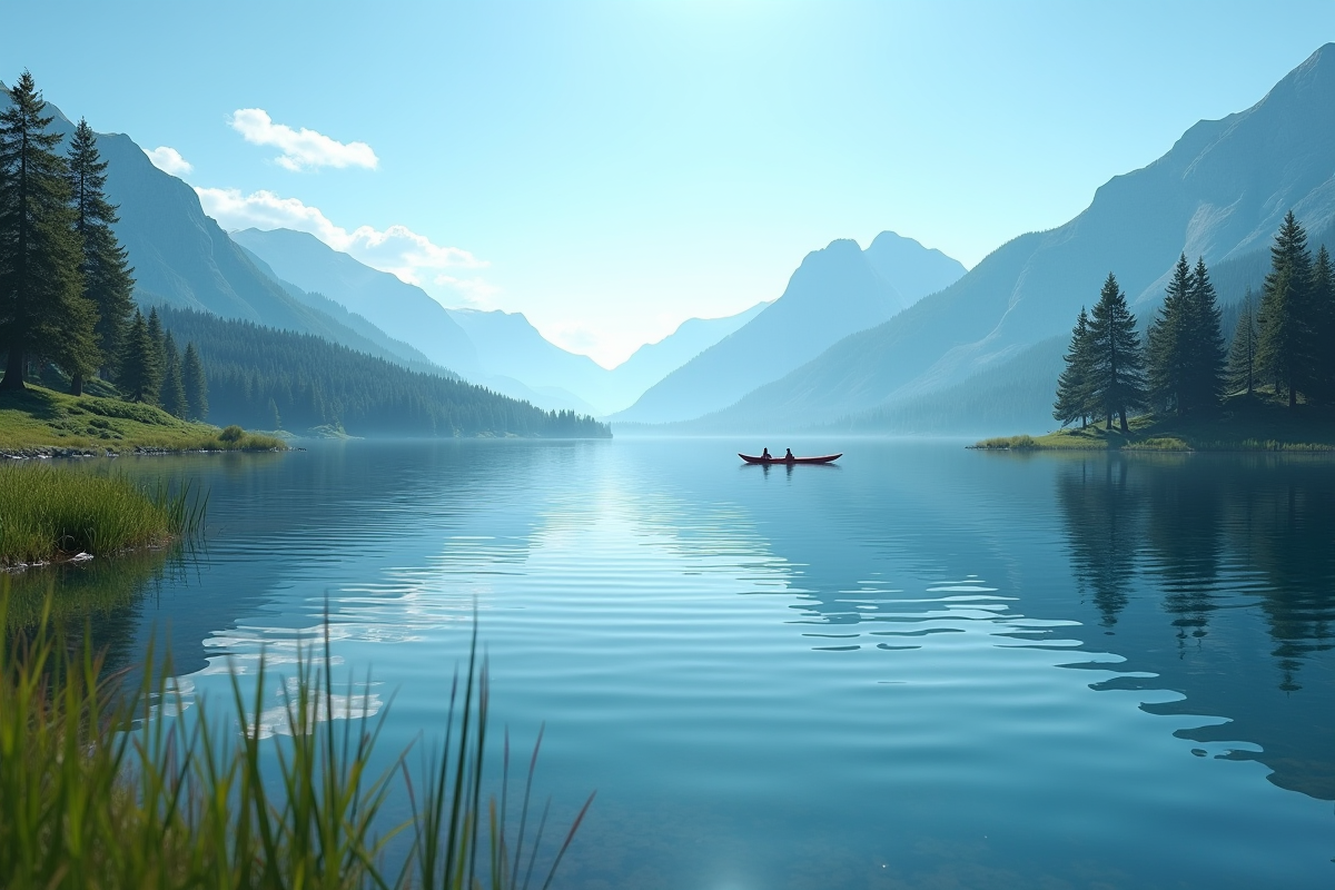 Lac de montagne avec kayak et reflets dans l