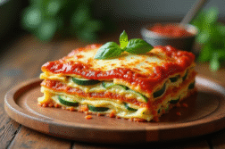 Lasagne de courgettes fraîche tranchée sur une table en bois