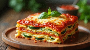 Lasagne de courgettes fraîche tranchée sur une table en bois