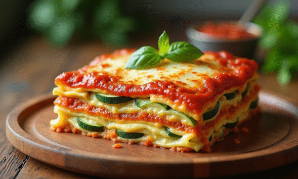Lasagne de courgettes fraîche tranchée sur une table en bois
