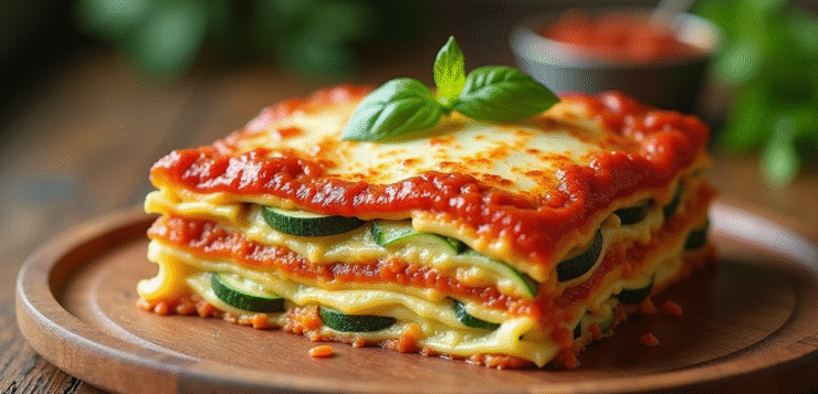 Lasagne de courgettes fraîche tranchée sur une table en bois