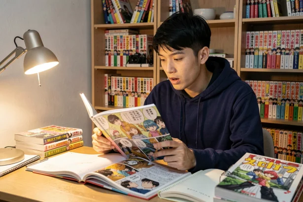 Jeune passionné de manga lisant le scan One Piece 1141 à son bureau entouré de volumes de manga