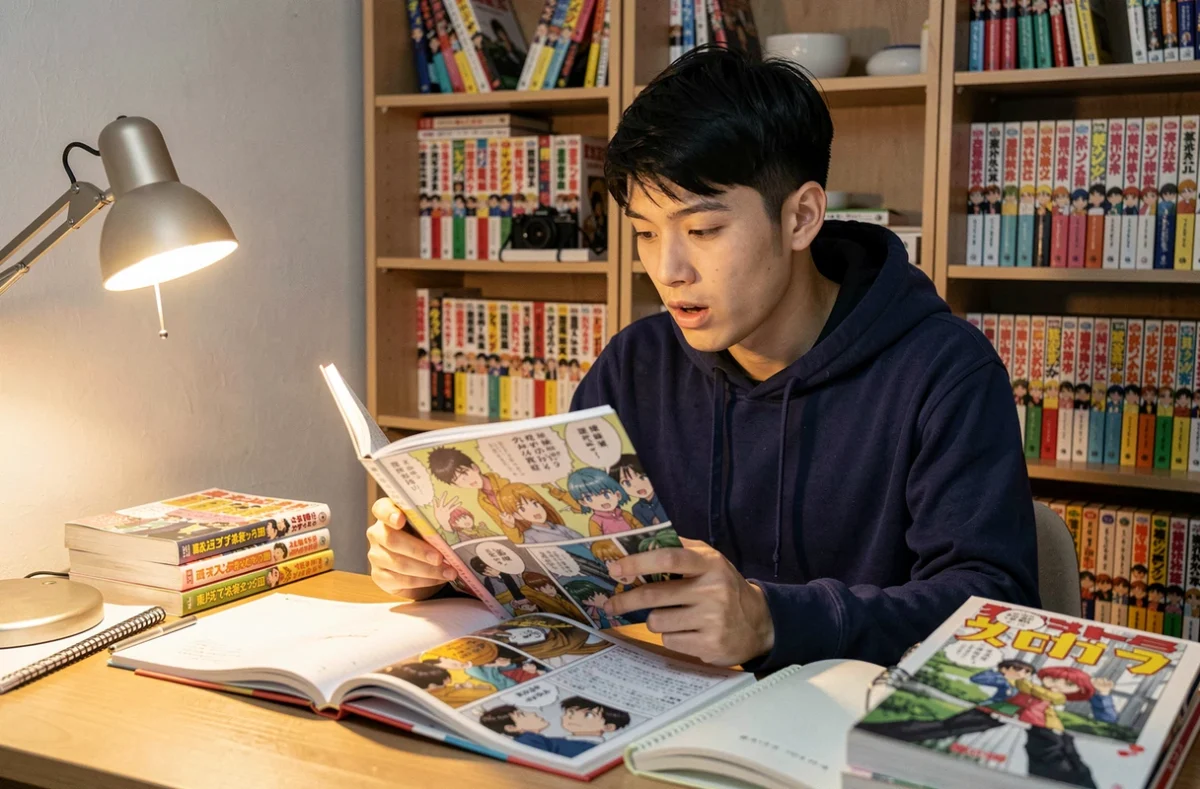 Jeune passionné de manga lisant le scan One Piece 1141 à son bureau entouré de volumes de manga