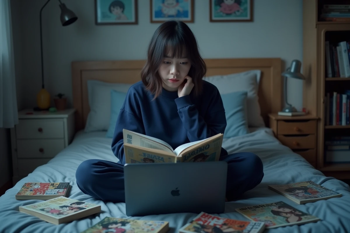 Jeune femme fan de One Piece lisant le scan du chapitre 1141 avec une expression pensive dans sa chambre