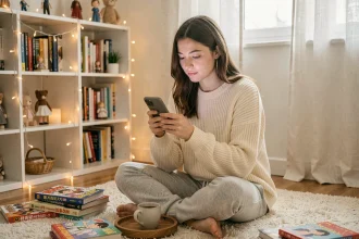 Jeune femme lisant un webtoon romantique sur son smartphone dans une chambre cosy entourée de mangas et de livres