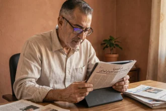 Homme algérien lisant le journal Echorouk en version numérique PDF sur une tablette dans un bureau à domicile