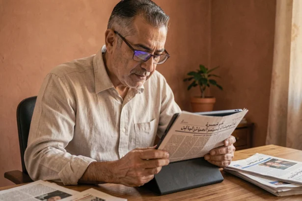 Homme algérien lisant le journal Echorouk en version numérique PDF sur une tablette dans un bureau à domicile