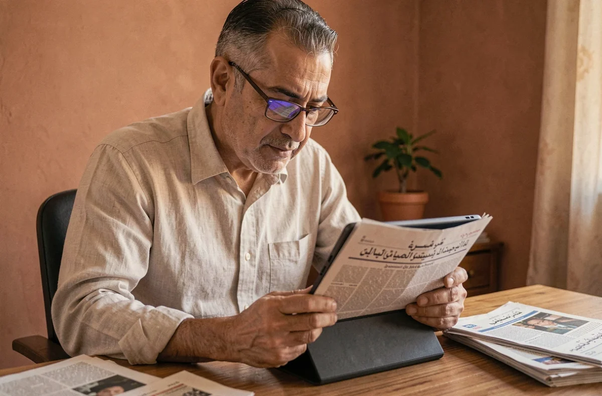 Homme algérien lisant le journal Echorouk en version numérique PDF sur une tablette dans un bureau à domicile
