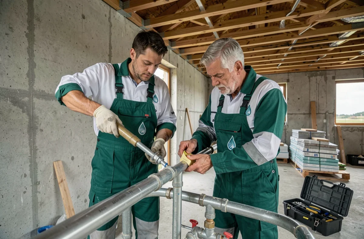 Équipe Les Gars des Eaux AFD51 posant une canalisation dans un chantier de la Marne