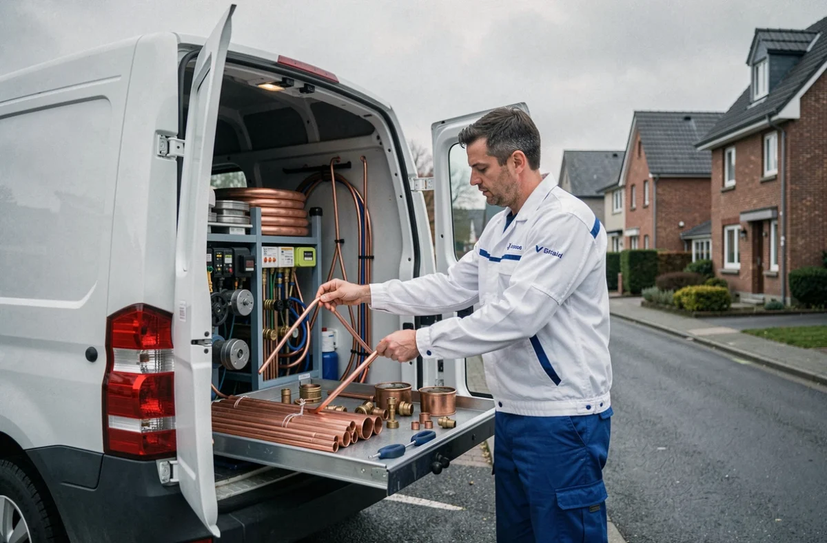Technicien de LPW Plomberie préparant son équipement depuis son véhicule utilitaire dans le Nord