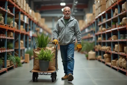 Homme poussant un chariot de sacs de terreau et de plantes dans un grand magasin de bricolage ouvert le dimanche à Montpellier